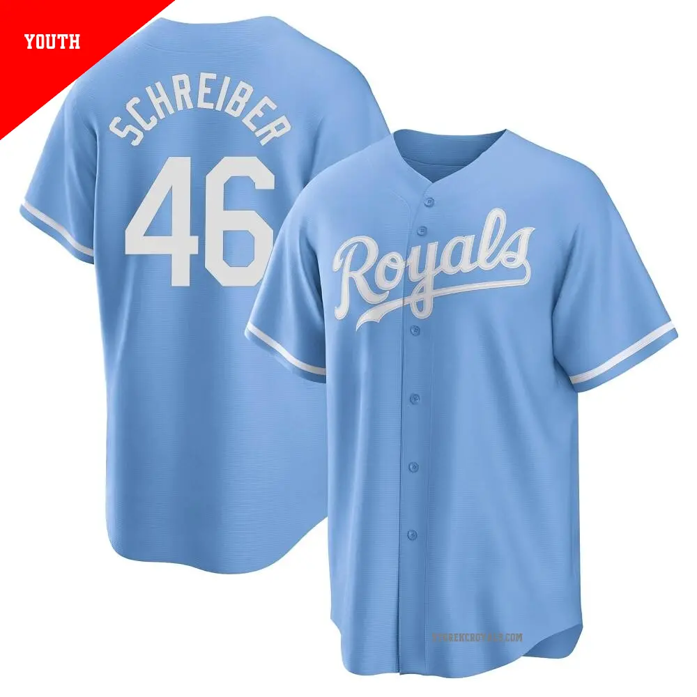 Youth ＃46 John Schreiber Kansas City Royals Light Blue Replica 2022 Alternate Jersey
